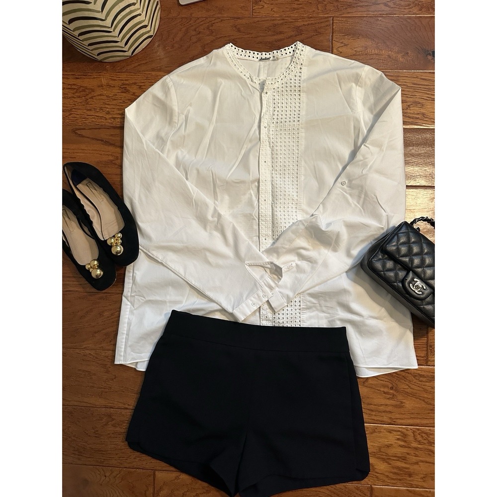 Elie Tahari White Eyelet Panel Insert Long Sleeve Blouse Shirt Top Womens XL